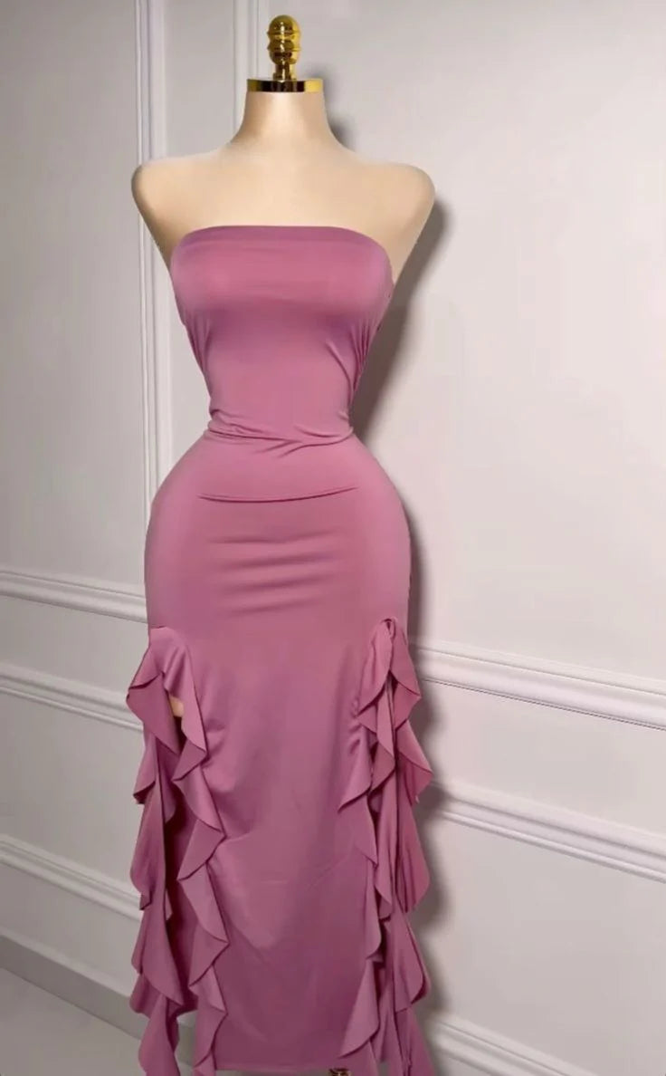 Wholesale Fancy Sheath Strapless Pink Sleeveless Long Prom Dresses Evening Dress With Beads gowns evening dresses